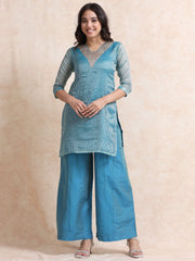 Blue Solid Luxury Banarasi Tissue Anarkali Kurta Set